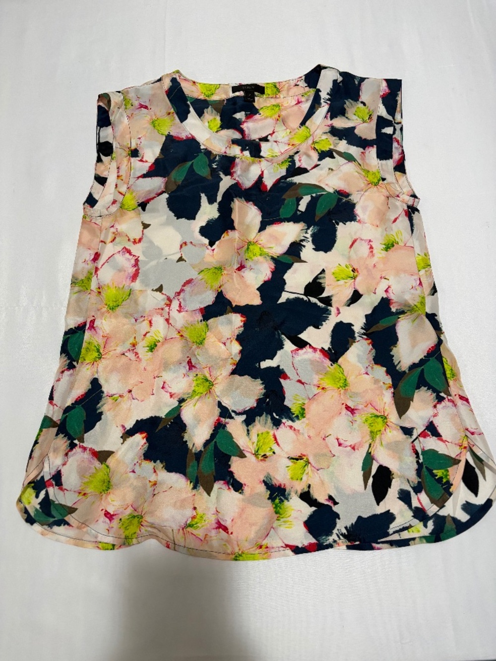 J. Crew Pink & Navy Watercolor Floral Silk Sleeveless Blouse Size 2